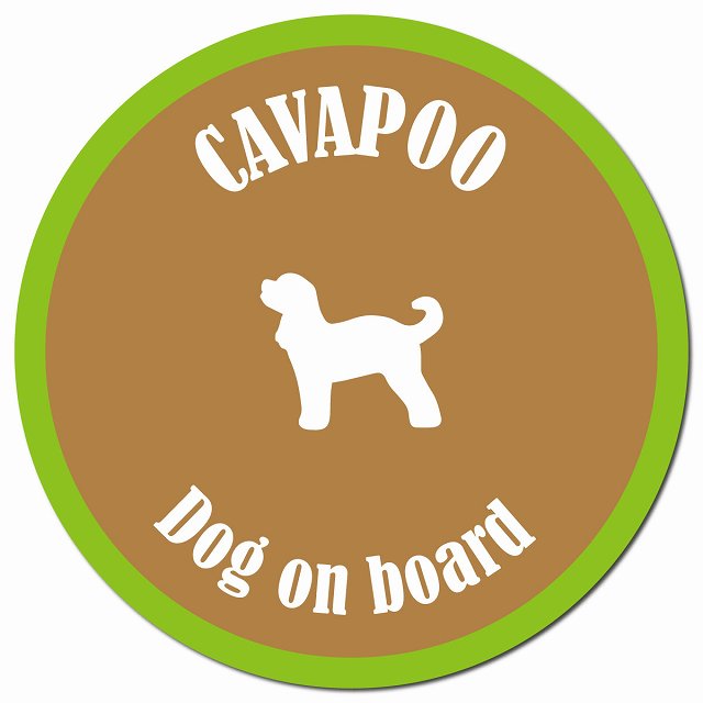 カラフル Dog on board キャバプー ブラウン&グリーン マグネット 車用 直径13cm 丸型 カーマグネット