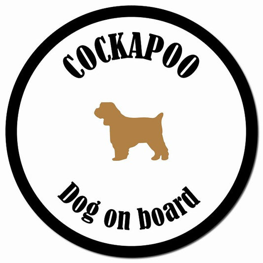 カラフル Dog on board コッカプー ホワイト&ブラック マグネット 車用 直径13cm 丸型 カーマグネット