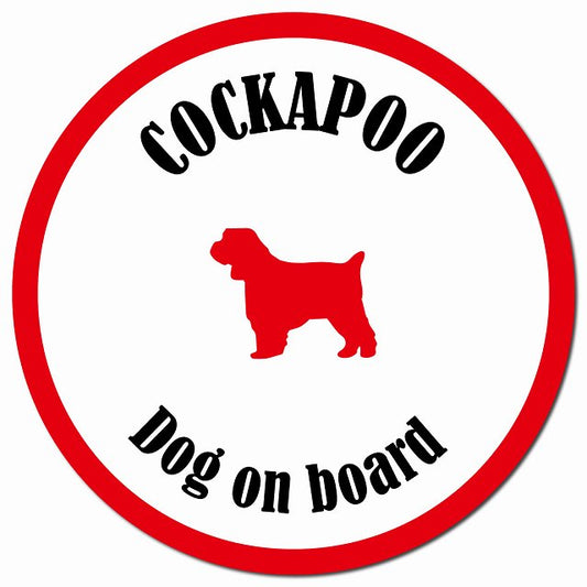 カラフル Dog on board コッカプー ホワイト&レッド マグネット 車用 直径13cm 丸型 カーマグネット