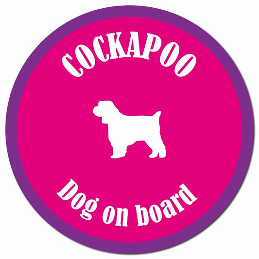 カラフル Dog on board コッカプー ピンク&パープル マグネット 車用 直径13cm 丸型 カーマグネット