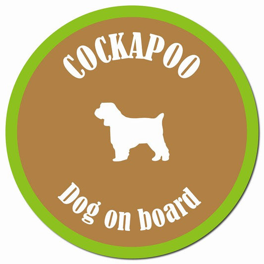 カラフル Dog on board コッカプー ブラウン&グリーン マグネット 車用 直径13cm 丸型 カーマグネット