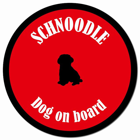 カラフル Dog on board シュナプー レッド＆ブラック マグネット 車用 直径13cm 丸型 カーマグネット