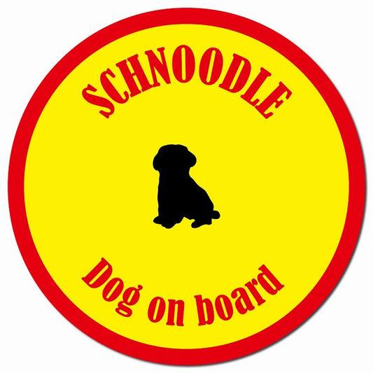 カラフル Dog on board シュナプー イエロー&レッド マグネット 車用 直径13cm 丸型 カーマグネット
