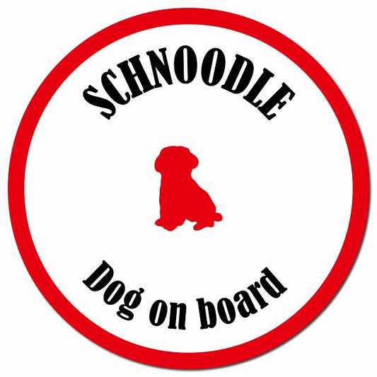 カラフル Dog on board シュナプー ホワイト&レッド マグネット 車用 直径13cm 丸型 カーマグネット