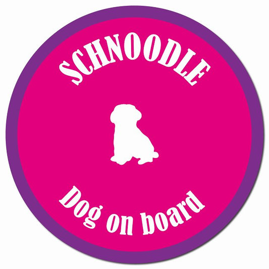 カラフル Dog on board シュナプー ピンク&パープル マグネット 車用 直径13cm 丸型 カーマグネット