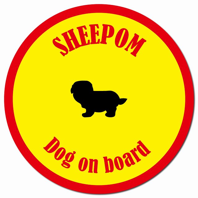 カラフル Dog on board シーポメ イエロー&レッド マグネット 車用 直径13cm 丸型 カーマグネット