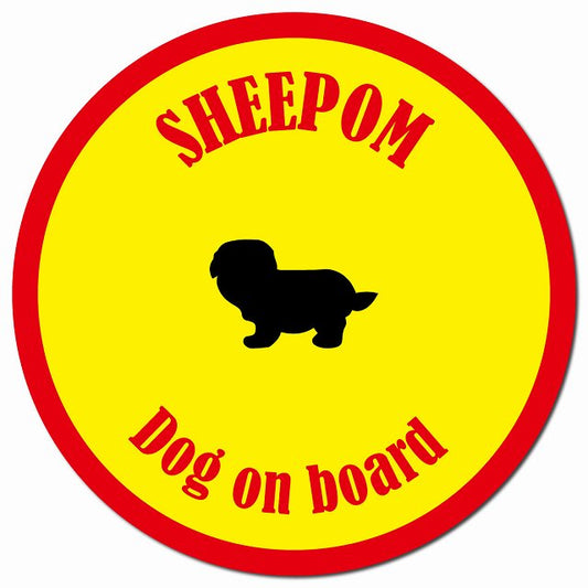 カラフル Dog on board シーポメ イエロー&レッド マグネット 車用 直径13cm 丸型 カーマグネット