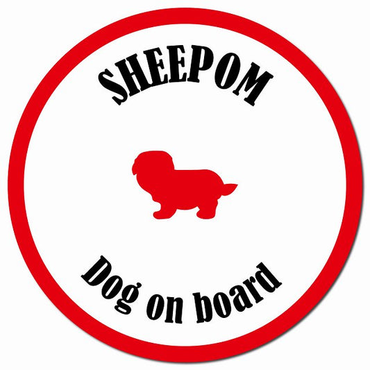 カラフル Dog on board シーポメ ホワイト&レッド マグネット 車用 直径13cm 丸型 カーマグネット