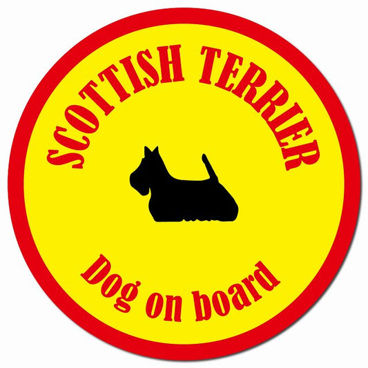 カラフル Dog on board スコティッシュテリア イエロー&レッド マグネット 車用 直径13cm 丸型 カーマグネット