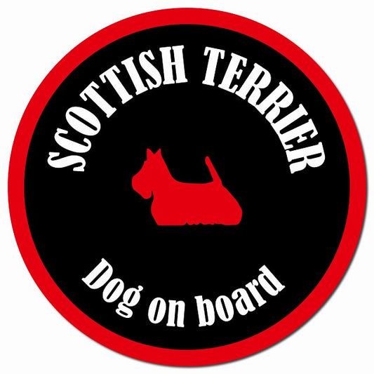 カラフル Dog on board スコティッシュテリア ブラック&レッド マグネット 車用 直径13cm 丸型 カーマグネット