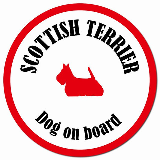 カラフル Dog on board スコティッシュテリア ホワイト&レッド マグネット 車用 直径13cm 丸型 カーマグネット