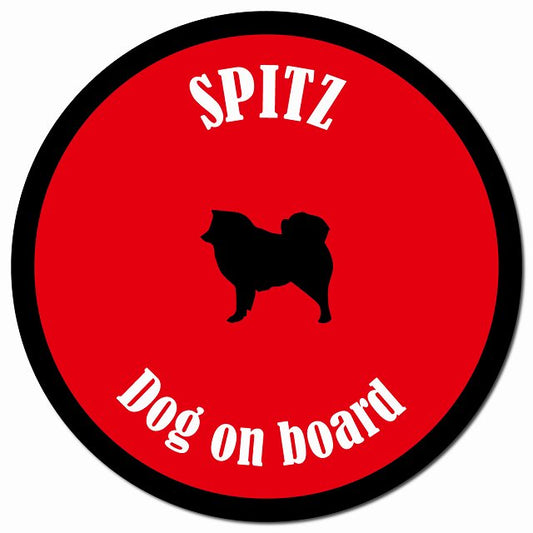 カラフル Dog on board スピッツ レッド＆ブラック マグネット 車用 直径13cm 丸型 カーマグネット