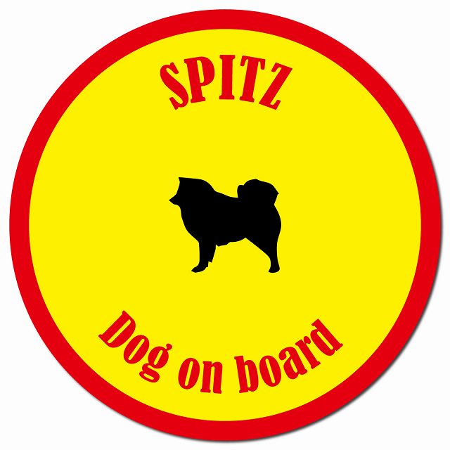 カラフル Dog on board スピッツ イエロー&レッド マグネット 車用 直径13cm 丸型 カーマグネット