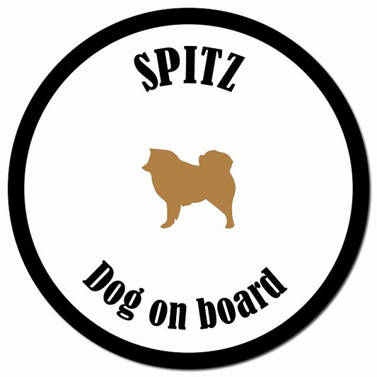 カラフル Dog on board スピッツ ホワイト&ブラック マグネット 車用 直径13cm 丸型 カーマグネット