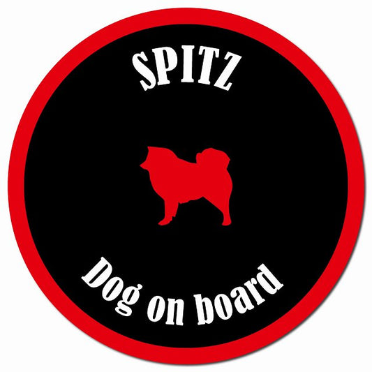 カラフル Dog on board スピッツ ブラック&レッド マグネット 車用 直径13cm 丸型 カーマグネット