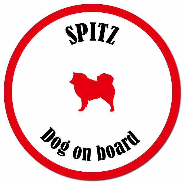 カラフル Dog on board スピッツ ホワイト&レッド マグネット 車用 直径13cm 丸型 カーマグネット