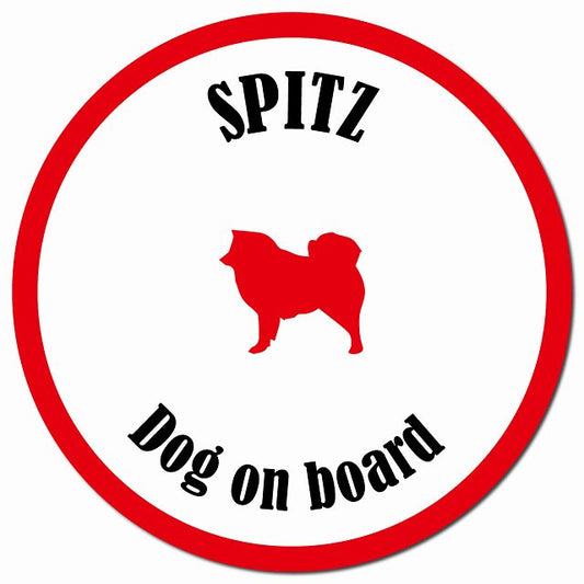 カラフル Dog on board スピッツ ホワイト&レッド マグネット 車用 直径13cm 丸型 カーマグネット