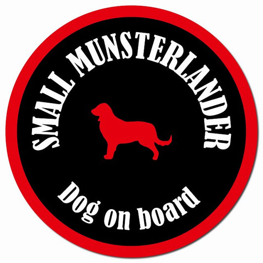 カラフル Dog on board スモールミュンスターレンダー ブラック&レッド マグネット 車用 直径13cm 丸型 カーマグネット