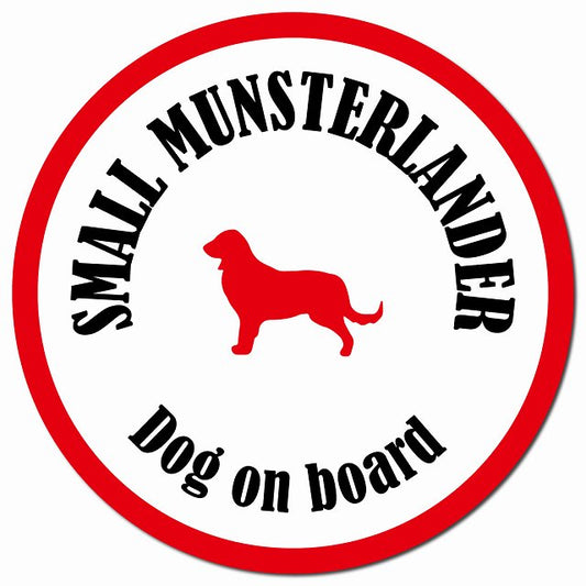 カラフル Dog on board スモールミュンスターレンダー ホワイト&レッド マグネット 車用 直径13cm 丸型 カーマグネット