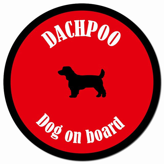 カラフル Dog on board ダップー レッド＆ブラック マグネット 車用 直径13cm 丸型 カーマグネット