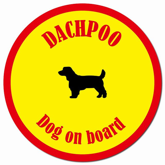 カラフル Dog on board ダップー イエロー&レッド マグネット 車用 直径13cm 丸型 カーマグネット