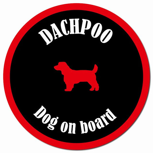 カラフル Dog on board ダップー ブラック&レッド マグネット 車用 直径13cm 丸型 カーマグネット