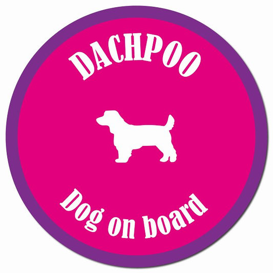 カラフル Dog on board ダップー ピンク&パープル マグネット 車用 直径13cm 丸型 カーマグネット