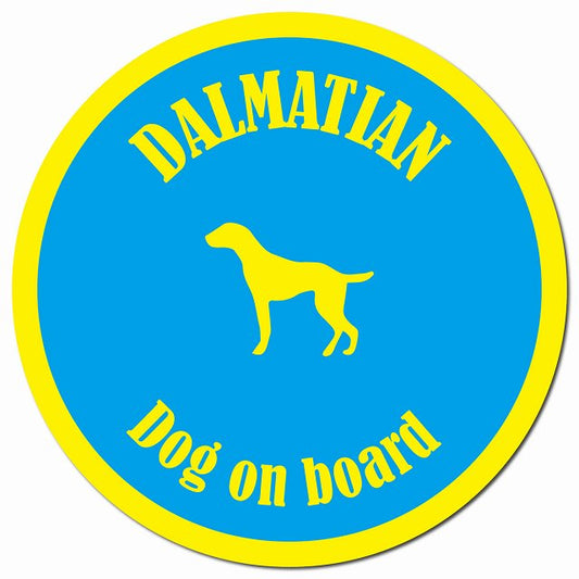 カラフル Dog on board ダルメシアン ブルー&イエロー マグネット 車用 直径13cm 丸型 カーマグネット