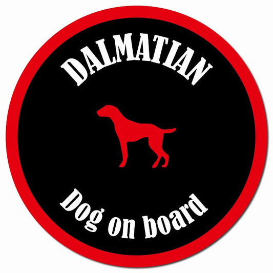 カラフル Dog on board ダルメシアン ブラック&レッド マグネット 車用 直径13cm 丸型 カーマグネット