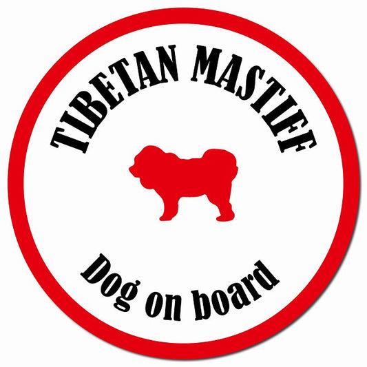 カラフル Dog on board チベタンマスティフ ホワイト&レッド マグネット 車用 直径13cm 丸型 カーマグネット
