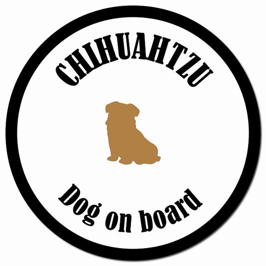 カラフル Dog on board チワズー ホワイト&ブラック マグネット 車用 直径13cm 丸型 カーマグネット