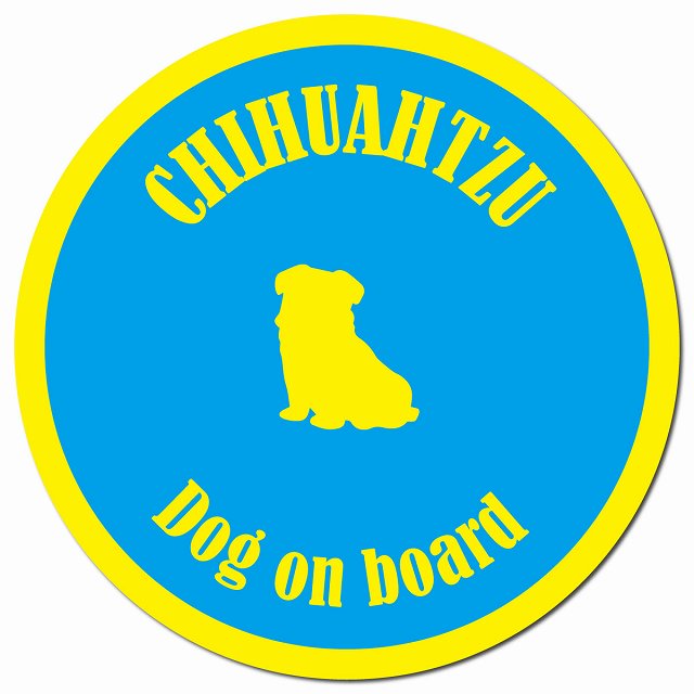 カラフル Dog on board チワズー ブルー&イエロー マグネット 車用 直径13cm 丸型 カーマグネット