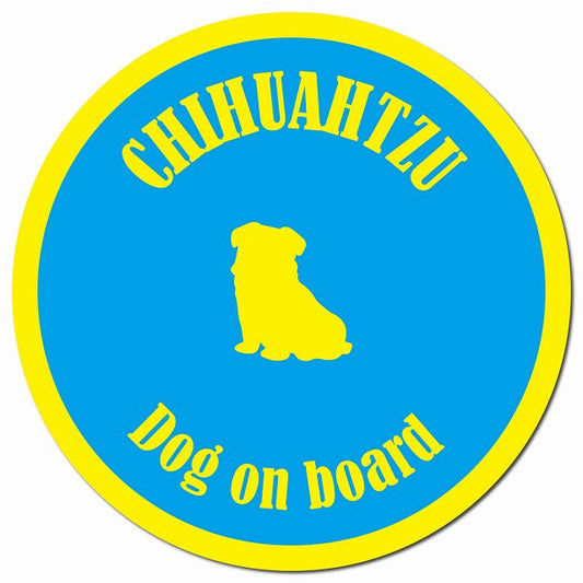 カラフル Dog on board チワズー ブルー&イエロー マグネット 車用 直径13cm 丸型 カーマグネット