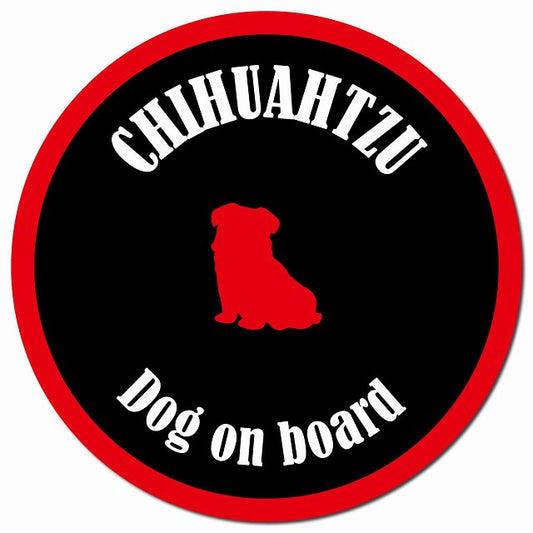 カラフル Dog on board チワズー ブラック&レッド マグネット 車用 直径13cm 丸型 カーマグネット