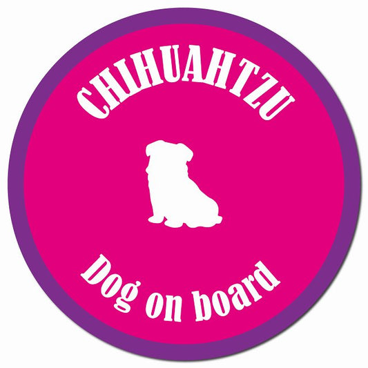 カラフル Dog on board チワズー ピンク&パープル マグネット 車用 直径13cm 丸型 カーマグネット