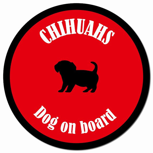 カラフル Dog on board チワックス レッド＆ブラック マグネット 車用 直径13cm 丸型 カーマグネット