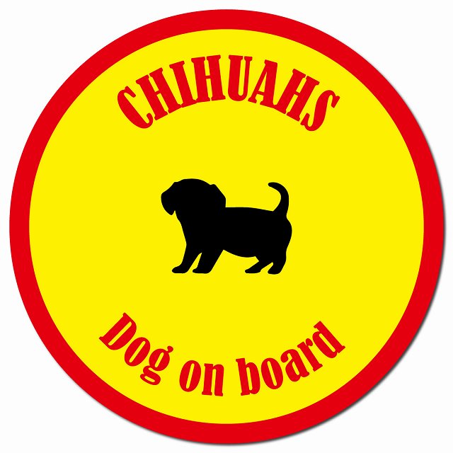 カラフル Dog on board チワックス イエロー&レッド マグネット 車用 直径13cm 丸型 カーマグネット