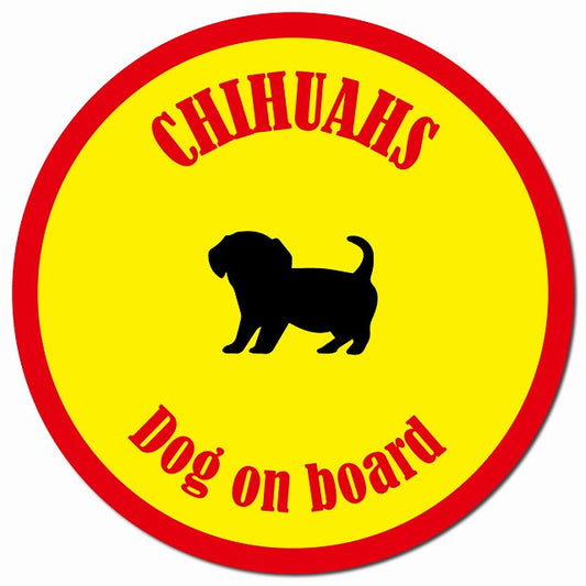 カラフル Dog on board チワックス イエロー&レッド マグネット 車用 直径13cm 丸型 カーマグネット