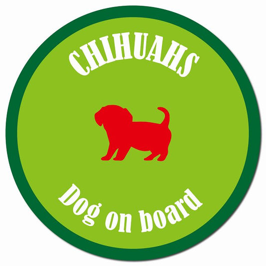 カラフル Dog on board チワックス ライトグリーン&グリーン マグネット 車用 直径13cm 丸型 カーマグネット