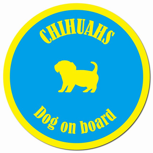 カラフル Dog on board チワックス ブルー&イエロー マグネット 車用 直径13cm 丸型 カーマグネット