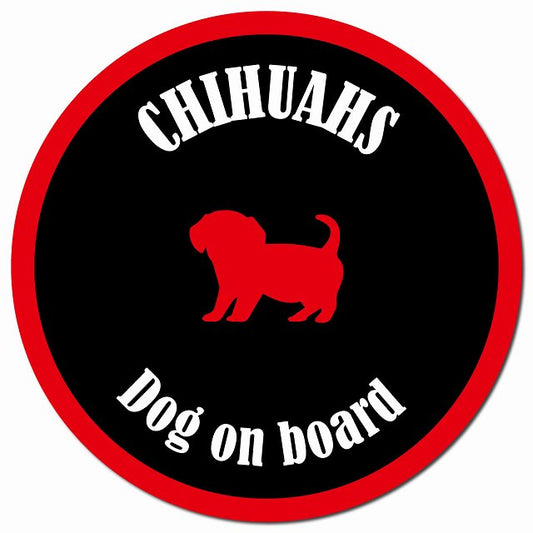 カラフル Dog on board チワックス ブラック&レッド マグネット 車用 直径13cm 丸型 カーマグネット