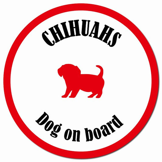 カラフル Dog on board チワックス ホワイト&レッド マグネット 車用 直径13cm 丸型 カーマグネット