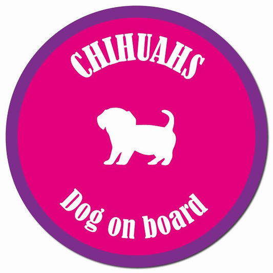 カラフル Dog on board チワックス ピンク&パープル マグネット 車用 直径13cm 丸型 カーマグネット