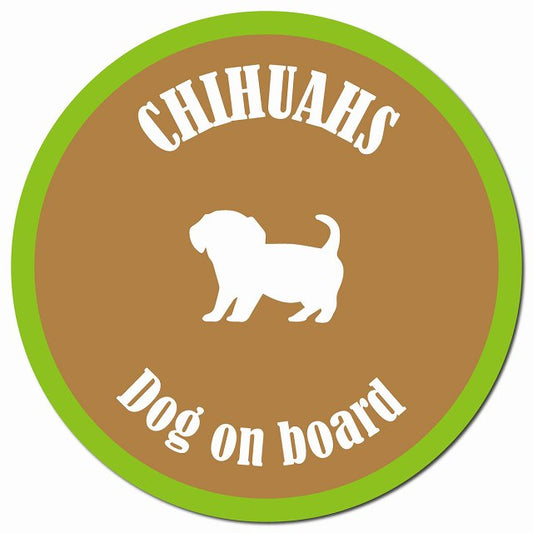 カラフル Dog on board チワックス ブラウン&グリーン マグネット 車用 直径13cm 丸型 カーマグネット