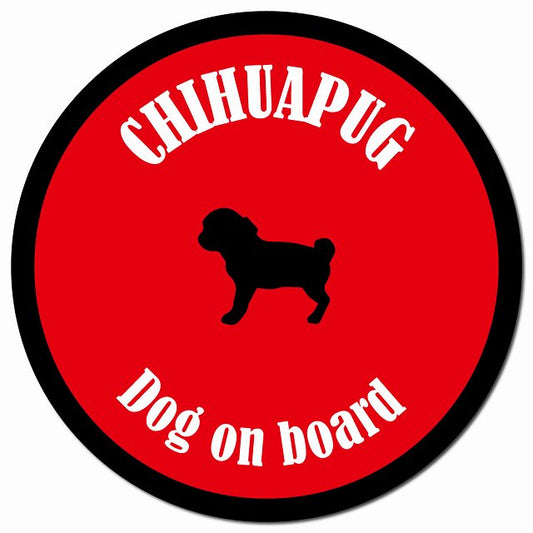 カラフル Dog on board チワパグ レッド＆ブラック マグネット 車用 直径13cm 丸型 カーマグネット