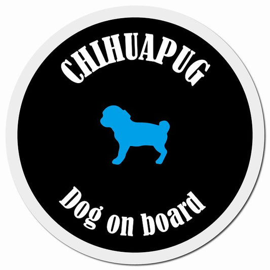 カラフル Dog on board チワパグ ブラック&ホワイト マグネット 車用 直径13cm 丸型 カーマグネット