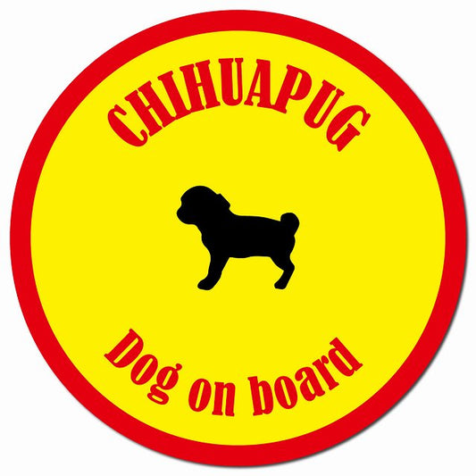 カラフル Dog on board チワパグ イエロー&レッド マグネット 車用 直径13cm 丸型 カーマグネット