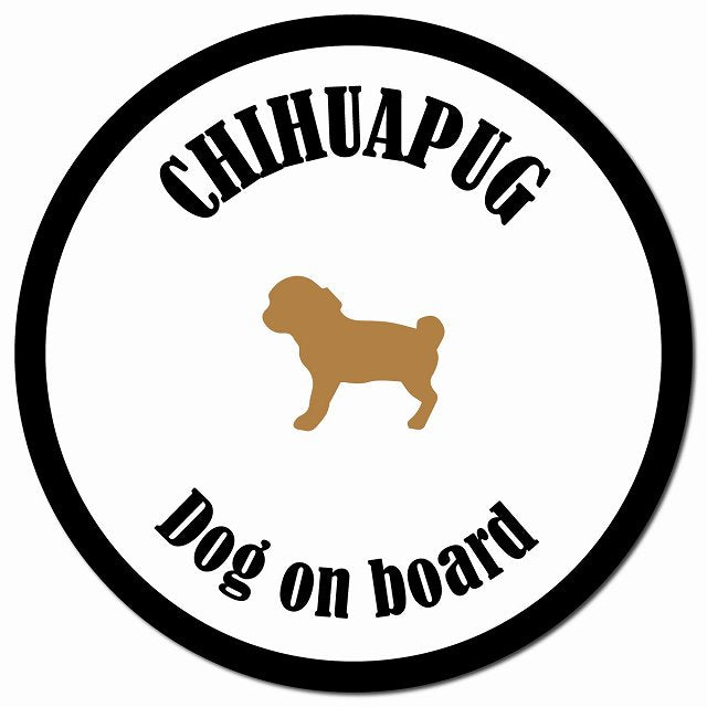 カラフル Dog on board チワパグ ホワイト&ブラック マグネット 車用 直径13cm 丸型 カーマグネット