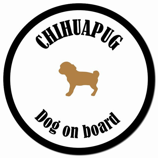 カラフル Dog on board チワパグ ホワイト&ブラック マグネット 車用 直径13cm 丸型 カーマグネット
