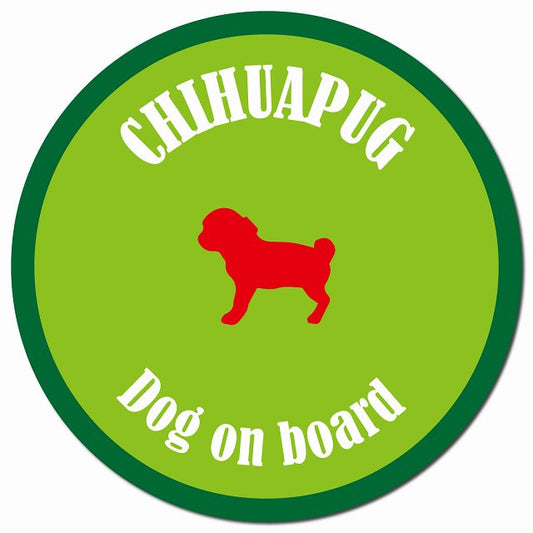 カラフル Dog on board チワパグ ライトグリーン&グリーン マグネット 車用 直径13cm 丸型 カーマグネット
